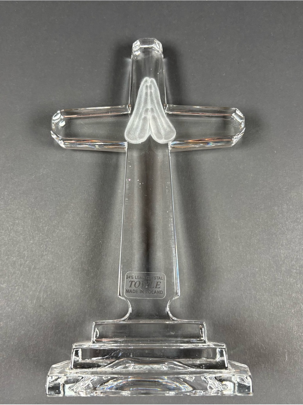 Vintage Towle 24% Lead Crystal Cross Figurine Frosted Praying Hands 8” Poland